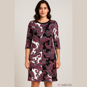 BCBGMAXAZRIA Dress, paisley design crew neck,3/4 sleeves, size Small